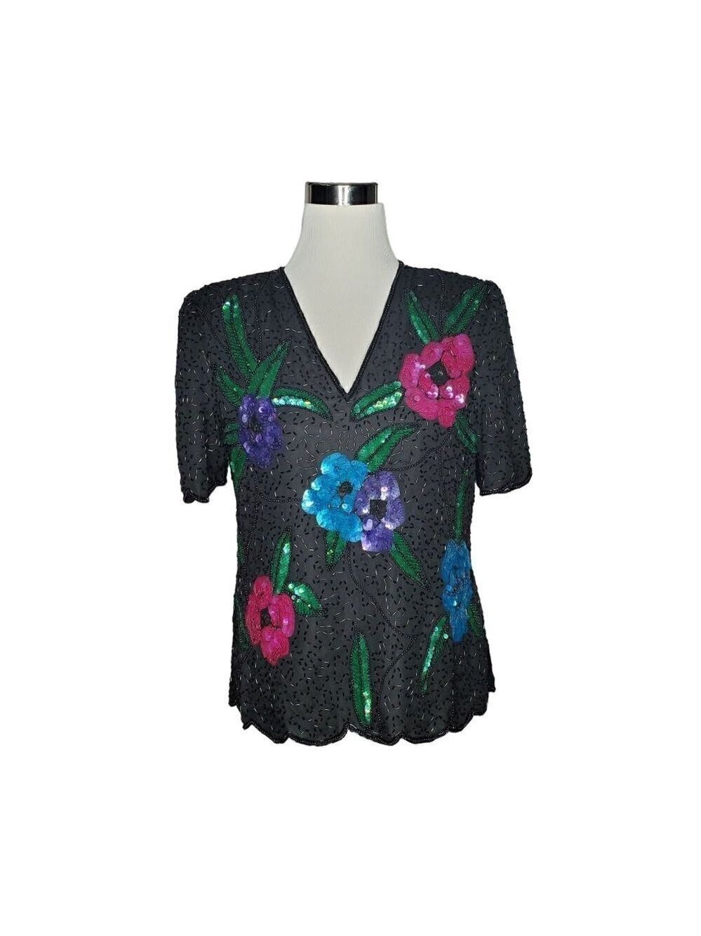 LAWRENCE Kazar 100% Pure Silk Black Lined Sequins Beads Party Blouse Size Medium - Picture 2 of 9